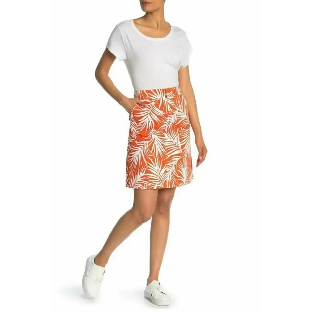HUGO BOSS Vasara tropical palm leaf print a-line skirt orange white Size 2 NEW - Picture 8 of 8